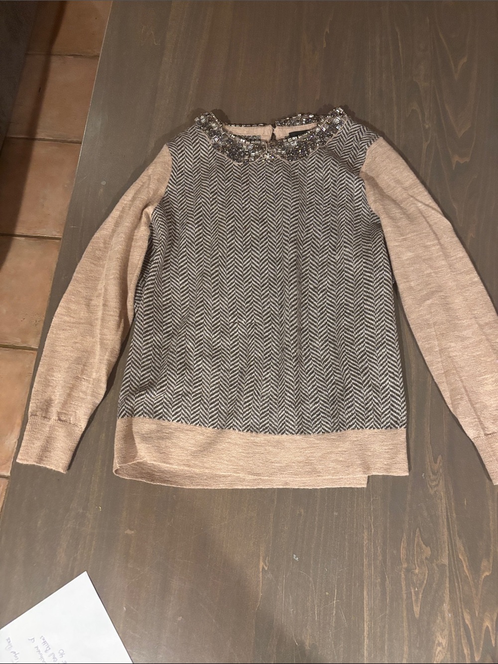 J. Crew Blush and Black Herringbone Crewneck Sweater with Beaded Collar
